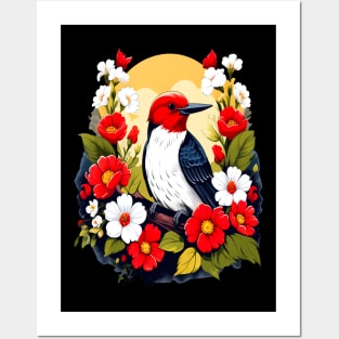 Cute Red Headed Woodpecker Surrounded by Vibrant Flowers Posters and Art